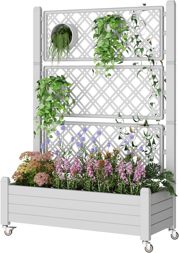 Elevated Raised Garden Bed with Wheels,Ashen-61.2" h | Planter Box with Trellis Outdoor, Raised Planter with Trellis with Drainage Holes & Water Monitor for Climbing Plants