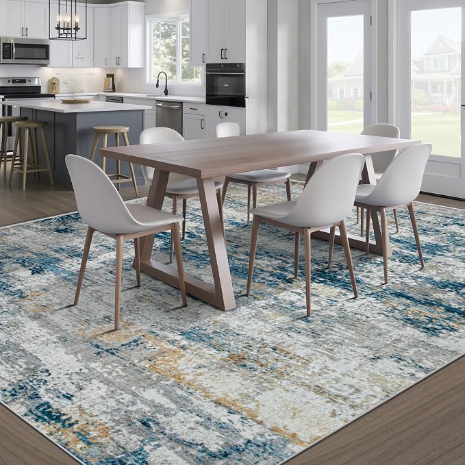 pmtsns Area Rugs 8x10 for Living Room: Washable Rug Modern Abstract Neutral Soft Non-Slip Low-Pile Indoor Large Carpet for Bedroom Dining Room Home Office Children's Room(BlueGreyGold, 8'x10')