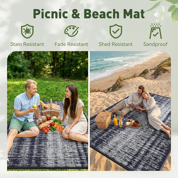 MontVoo Outdoor Rug Waterproof 9x12ft Outdoor Patio Rug Mat Reversible Plastic Straw Outside Rug Carpet Outdoor Rugs for RV Camping Picnic Beach Balcony Porch Deck