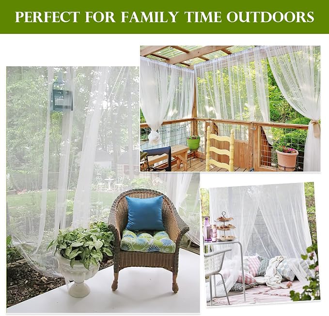 RYB HOME 2 Panels Porch Screen Mesh Outdoor Curtains Lightweight Mosquito Netting for Patio Gazebo Pool Hut Bug Netting Size Adjustable, White, 118 inches Wide x 108 inches Long