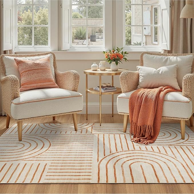 DCX Abstract Washable 6x9 Rug, Non Slip Low Pile Rug, Beige | Rugs for living room, bedroom, dining room, office, soft, mid century modern rug, sain resistant indoor carpet, home decor
