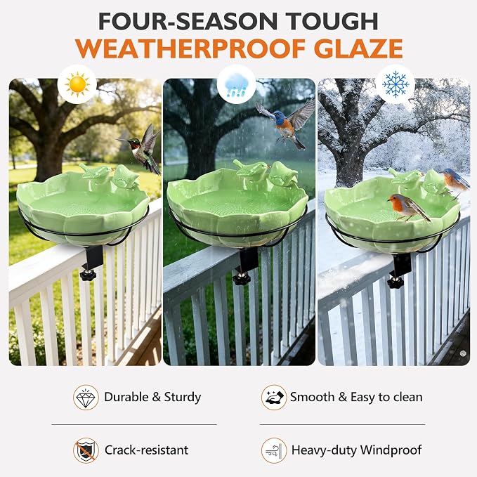 Glazed Ceramic Bird Bath for Deck Railing, 11 Inch Outdoor Bird Feeder Bowl with Adjustable Clamp, Easy Install Balcony/Patio Birdbath for Outside Garden Backyard Decoration, Green
