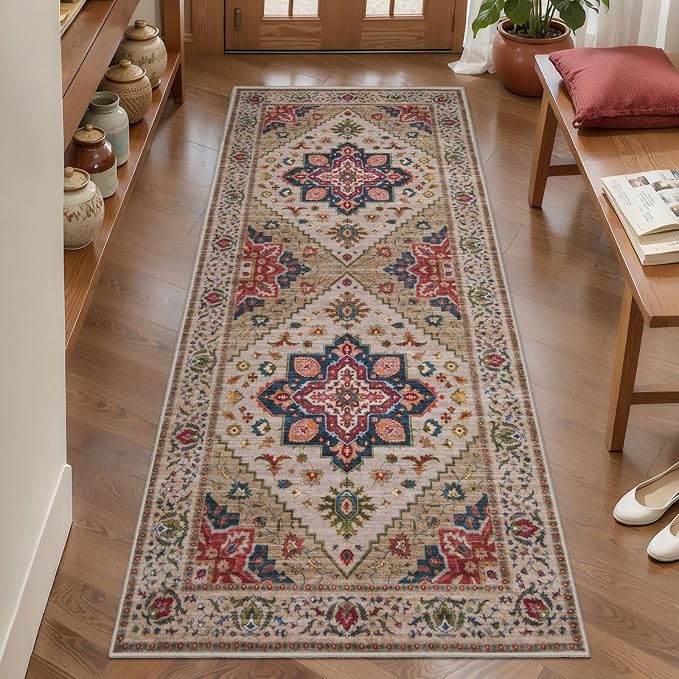 Tangsoo Vintage 2x6 Washable Runner Rug for Hallways, Non Slip Rug Runners | Oriental Soft Low Pile Rug, Boho Print Carpet Farmhouse Hallway Runner for Kitchen Bedroom Entryway Bathroom Beige/Red