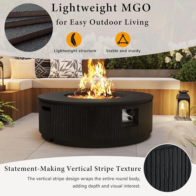 Merax 38.19'' MGO Propane Outdoor Fire Pit with Vertical Stripe Design, 50000 BTU Round Fire Pit Table with Steel Burner, Adjustable Flame Control, Lava Rocks & Rain Cover for Patio&Backyard, Black