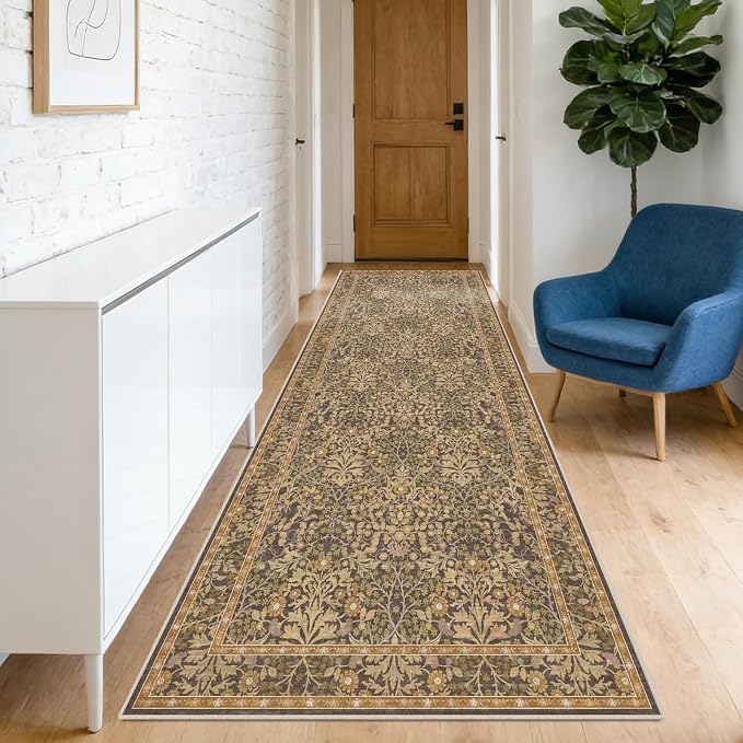 Washable 2'6" x 8' Runners for Hallways, Non Slip Long Floor Runner for Kitchen, Entryway Indoor, Stain Resistant Rubber Backing Floral Decor Rug (Goldenrod)