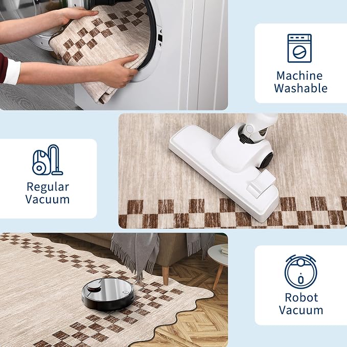 GarveeHome 4x6 Area Rug Small Washable Living Room Carpet Scalloped Rug | with Rubber Backing Stain Resistant Low Pile Dining Room Throw Carpet Modern Bordered Mat for Bedroom Kitchen, Beige