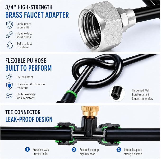 Misters for Outside Patio 63FT(19.2M)+21 Brass Mist Nozzles+a Brass Adapter(3/4") Detachable outdoor misting cooling system for Garden, waterpark, Greenhouse, Backyard, Fan, Umbrella, Deck, Canopy