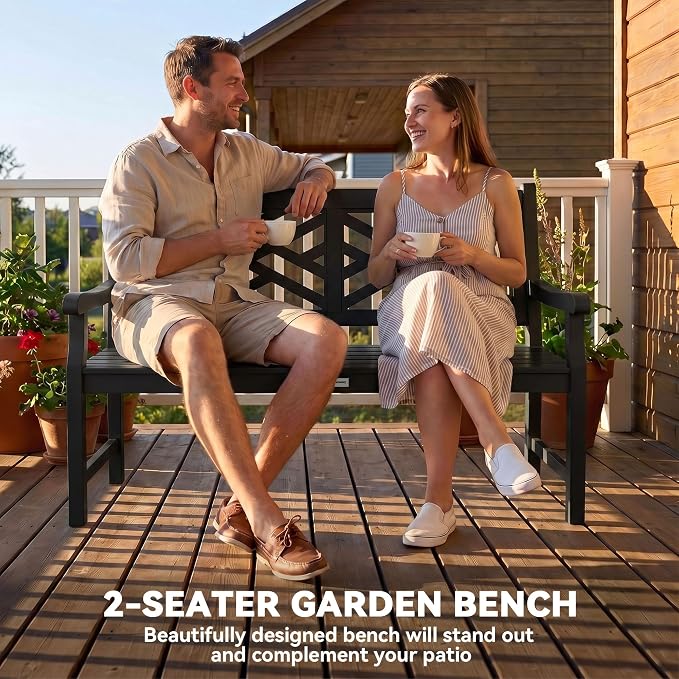 Outsunny Outdoor Garden Bench, Wooden Frame Patio Bench with Geometric Pattern, 43.25 Inch Weatherproof 2-Person Love Seat for Garden, Lawn, Porch, Yard, Work Entryway, Black