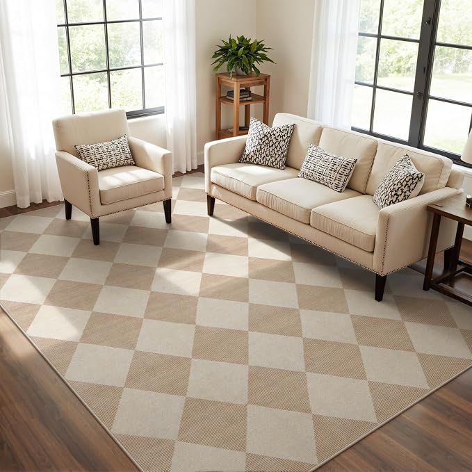 Beeiva Checkered Print Living Room Rugs 8x10, Moroccan Beige Washable Area Rug 8X 10 Non Slip Soft Bedroom Carpet, Geometric Plaid Aesthetic Decor Ultra Thin Large Carpet for Dining Room Office