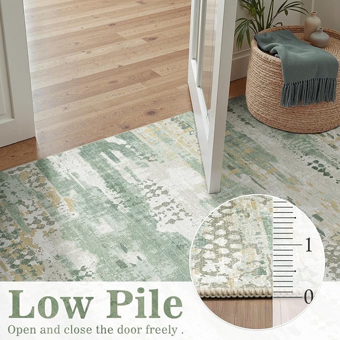 DCX Washable Abstract Area Rug 3x6, Non Slip Low Pile Rug, Sage Green | Easy to clean, non-shedding, soft, kid & pet friendly, with a non-slip rubber backing for living rooms, bedrooms, and offices