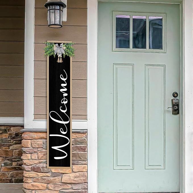 Welcome Cursive Sign for Front Porch Standing 45"X9" Tall Large Vertical Leaner Wood Framed Outdoor Wall Decor (Wood Black)