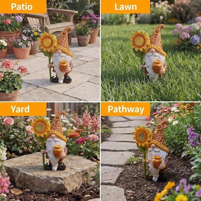 Lyeasw Solar Garden Gnomes Gifts - Garden Gnome Decor Outdoor - 8.3 Inch Honey Pot Funny Figurines for Birthday Anniversary Gardening, Unique Sunflower Decorations for Mom & Grandma Yard Patio