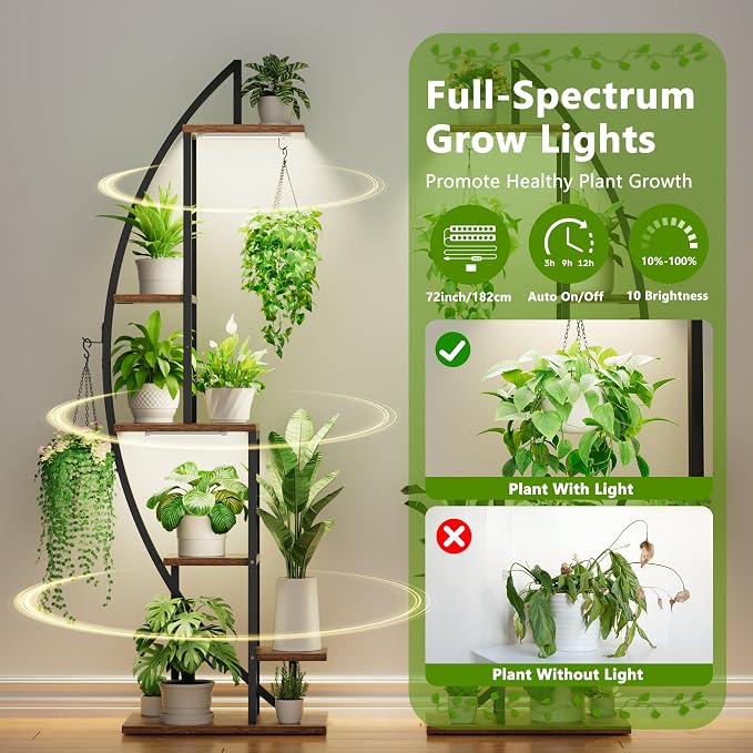 BACEKOLL Plant Stand Indoor with Grow Lights, 6 Tiered Tall Plant Shelf, 63" Metal Plant Stand for Indoor Plants Multiple, Half-Moon Plant Rack Display Shelf, 2 Pcs Plant Holder for Living Room, Patio