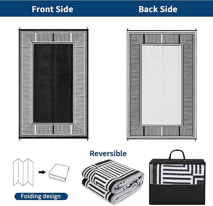 Garvee 10x14 Patio Rug Outdoor Plastic Straw Rug Easy Clean Lightweight Carpet Waterproof Reversible Mat Foldable Large Camping Rugs for Backyard Balcony Deck Porch RV Beach Picnic Border Black