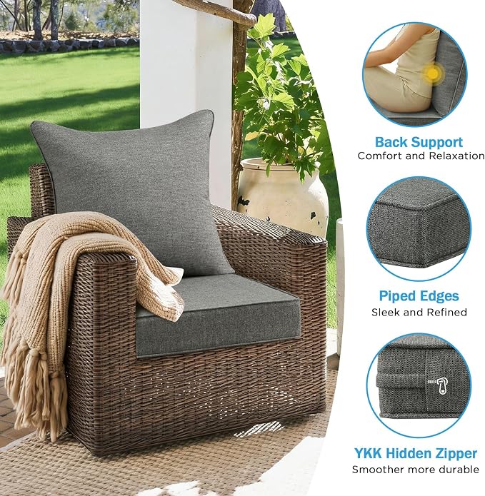 Sunbrella Outdoor Deep Seat & Back Cushion Set (2-Pack), 24 x 24 Inch Water Repellent and Fade Resistant Patio Furniture with Removable Cover for Outside Sofa Couch, Demo Graphite