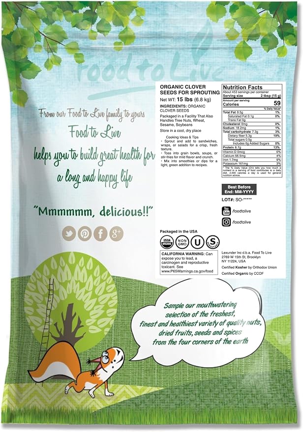 Organic Clover Seeds for Sprouting, 15 Pounds – Non-GMO, Pure, Vegan, Kosher, Bulk. Edible Seeds. Rich in Vitamins, Minerals, Fiber. Great for Growing Sprouts, Microgreens. High Germitation Rate