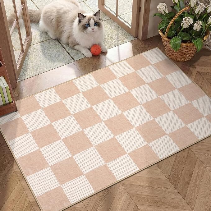 GarveeHome Checkered Blush Beige 2x3 Washable Rug Low-Pile Small Door Mat | Blush Beige Soft Stain Resistant Rug for Entryway Bedroom Bathroom Kitchen Non-Slip Geometric Modern Rug TPE Backing