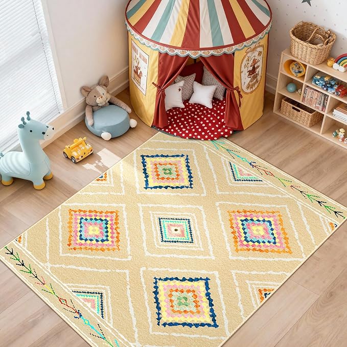 Area Rug 5x7 Rug Machine Washable Non-Slip Low Pile Print Pattern Western Rug for Living Room Bedroom Entryway Tribal Series -Cream/Beige | Soft Western No Slip Low Pile Print Foldable Indoor for Kitchen Dining Room