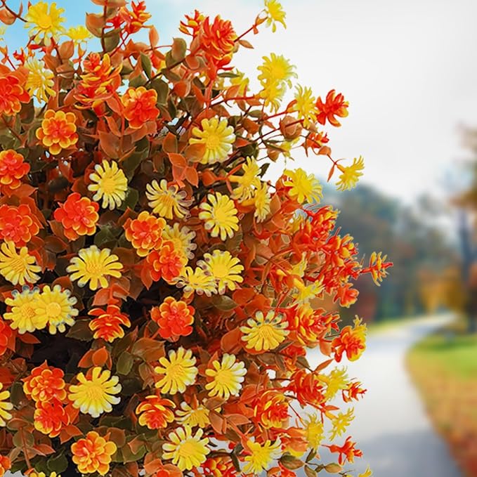 Spring Mums Flowers Artificial Topiary Ball Tree with Spike, Set of 2 Boxwood Ball Faux Shrubs Bushes with Orange Flowers,UV Resistant Fake Mums Plants for Front Porch Garden,23"