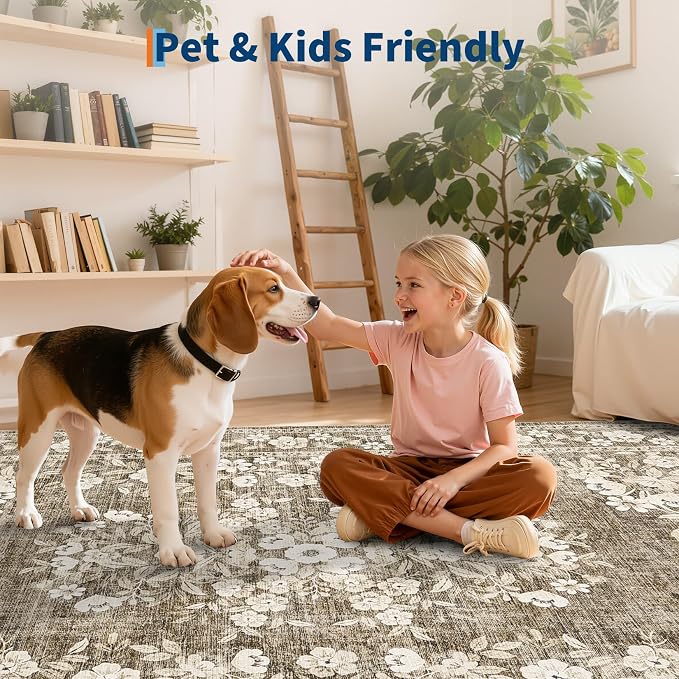 GarveeHome 4x6 Botanical Rug for Bedroom Vintage Floral Floor Carpets | Machine Washable Non-Slip Bordered Boho Flower Accent Mats 4x6 Rug for Living Room Dining Room Office Brown