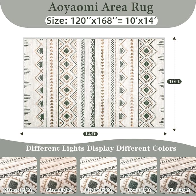 Area Rug for Living Room 10x14: Large Washable Boho Moroccan Rugs Geometric Neutral Rug, Non-Slip Foldable Morden Farmhouse Indoor Floor Carpet for Bedroom Dining Room Home Office（Brown Green,10'x14'）