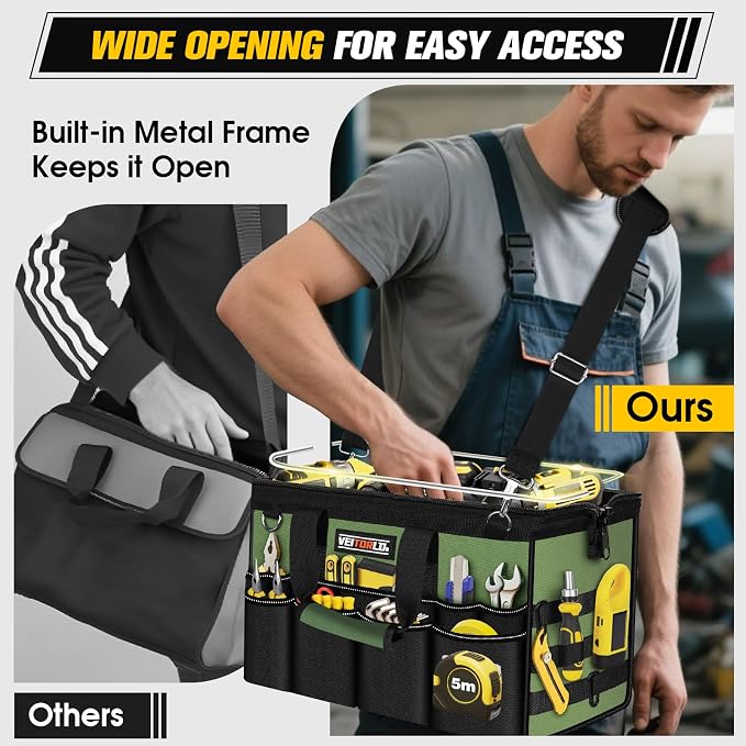 18-Inch Heavy Duty Tool Bag, 19-Pockets Tool Box Organizer, Portable Toolbag W/Soft Handle for Organized Storage, Mechanic Gifts for Men Dad Husband Fathers Day, Wide Mouth Electrician Toolbox, Green