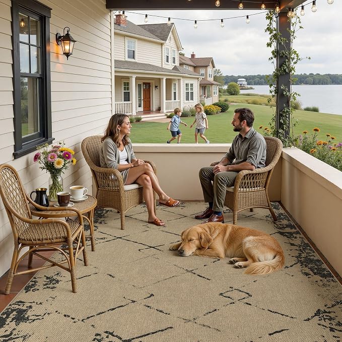 UERMEI 6x9 Outdoor Jute Area Rug Patio Neutral Washable Modern Brown | Easy Non Slip Pet Friendly Indoor Farmhouse Carpet for Living Room Bedroom Dining Backyard