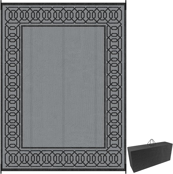 Outsunny Outdoor Rug for Patio, 9' x 12' Waterproof Large Mat, Reversible Plastic Straw Rug for Decor, Portable Outside RV Camping Area Carpet Mat for Backyard Porch Deck Picnic, Black & Gray Border