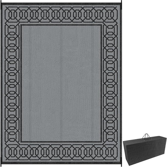 Outsunny Outdoor Rug for Patio, 9' x 12' Waterproof Large Mat, Reversible Plastic Straw Rug for Decor, Portable Outside RV Camping Area Carpet Mat for Backyard Porch Deck Picnic, Black & Gray Border