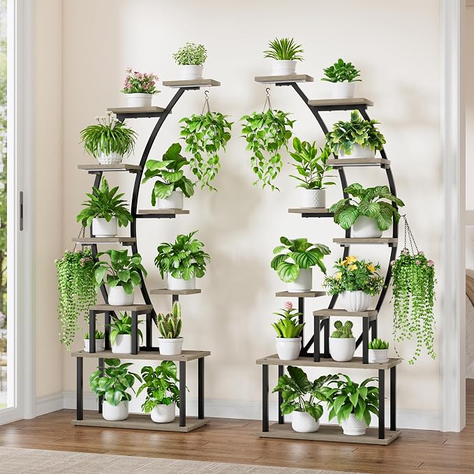 BACEKOLL Plant Stand Indoor with Grow Lights, 9 Tiered Metal Plant Shelf, 64" Tall Plant Stand for Indoor Plants Multiple, Large Plant Rack Display Shelf, Curved Plant Holder for Living Room, Grey