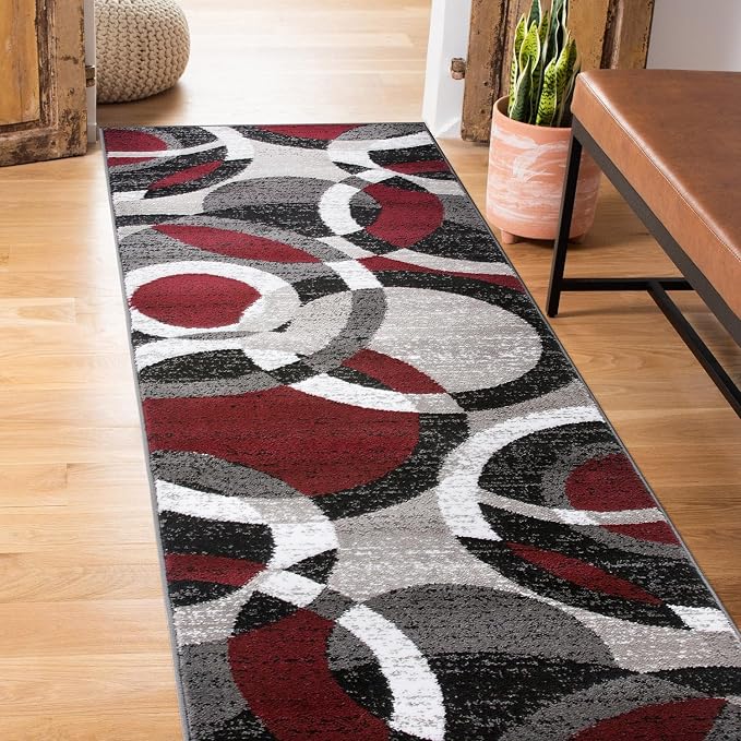 Rugshop Abstract Circles Contemporary High Traffic Runner Rug Red 2'7" x 12'