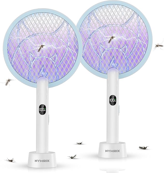 Nymrix Electric Fly Swatter Racket, 2 in 1 Mosquito Bug Zapper 4100V Max Handheld Mosquito Killer with 1800 mAh Rechargeable Battery, Purple Lightand 3-Layer Safety Mesh for Indoor Blue Two-Pack