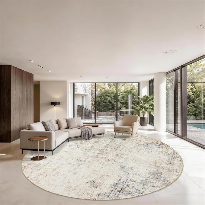 Large Round Rug 8ft: Neutral Round Area Rugs for Living Room Dining Room Bedroom - Soft Non-Slip Circle Carpet 8' - Modern Abstract Beige