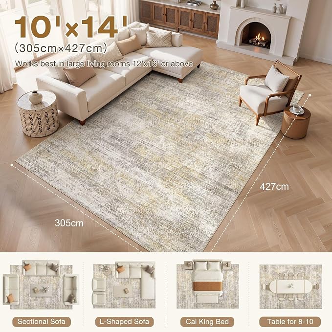 cotiled Boho 10x14 Area Rug for Living Room: Large Moroccan Washable Rug | Solve Modern Neutral Trendy Home Decor - Stain Resistan Carpet for Bedroom Farmhouse Gold Brown
