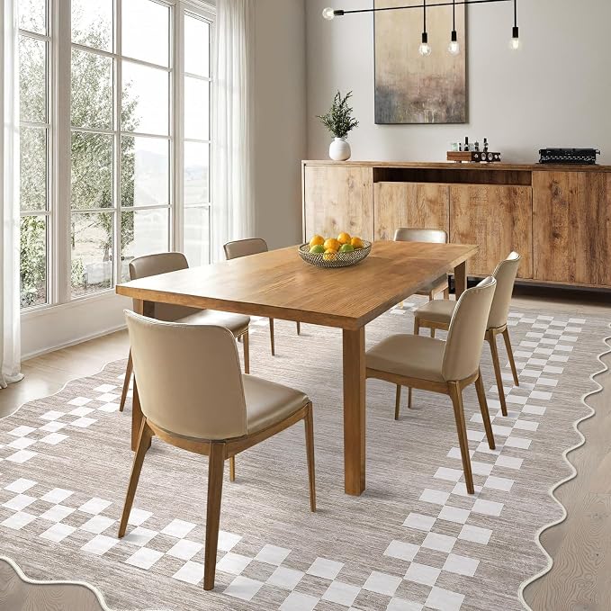 GarveeHome Area Rug 6x9 Large Living Room Modern Border Throw Rug | with Rubber Backing Stain Resistant Dining Room Throw Carpet Washable Scalloped Rug for Bedroom Home Decor Office, Fog