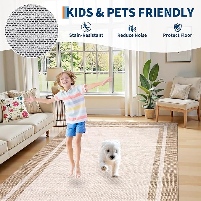 COZYLOOM Modern Living Room Rugs 5x7 Washable Kids Bedroom Rug, Beige | Non Slip Stain Resistant Neutral Bordered Non Shedding Low Pile Foldable Minimalist Area Rug for Entryway Nursery Dorm