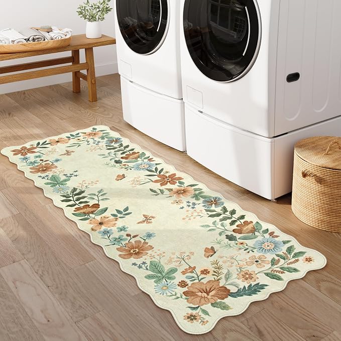 Lahome Floral Kitchen Runner Rug, 2x5 Rug Runners for Hallways Non Slip | Soft Ultra-Thin Washable Carpet Runner Non Slip Low-Pile Boho Carpet for Bathroom Bedroom Flore (2x5ft, Beige)