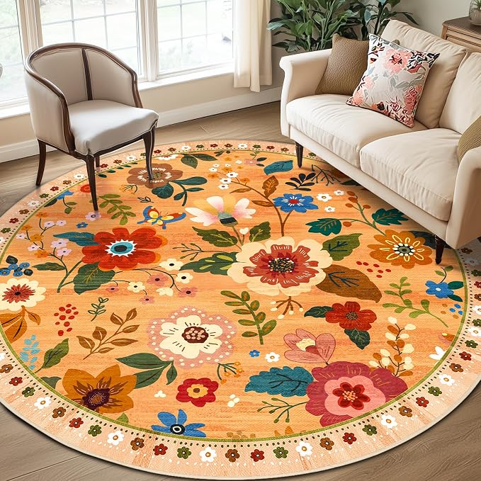 RELEANY Floral Washable Round 8ft Area Rug Orange/Yellow/Red | Flower Carpet, Print, Boho, Non-Slip, Easy to Clean, Soft, Low Pile for Living Room Bedroom Kitchen Office Entryway Hallway