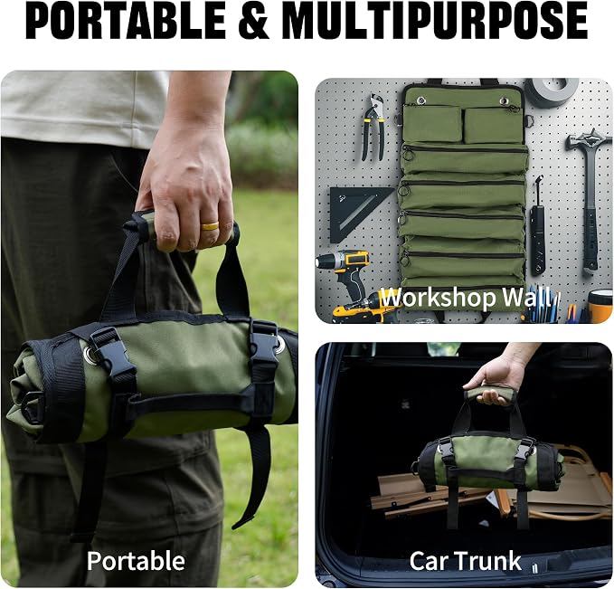 Portable Foldable Roll Up Tool Bag, Heavy Duty Tool Organizer Bag with 5 Compartments & 2 Detachable Pouches for Tools Storage, Waterproof Tool Roll Bag for Dad Men Electrician Gifts