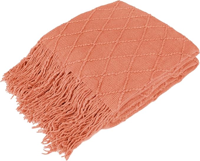 PAVILIA Coral Orange Knit Throw Blanket for Couch Bed, Soft Knitted Farmhouse Sofa Throw for Living Room, Lightweight Decorative Fall Throw Blanket for Chair, Outdoor Textured Boho Blanket, 50x60