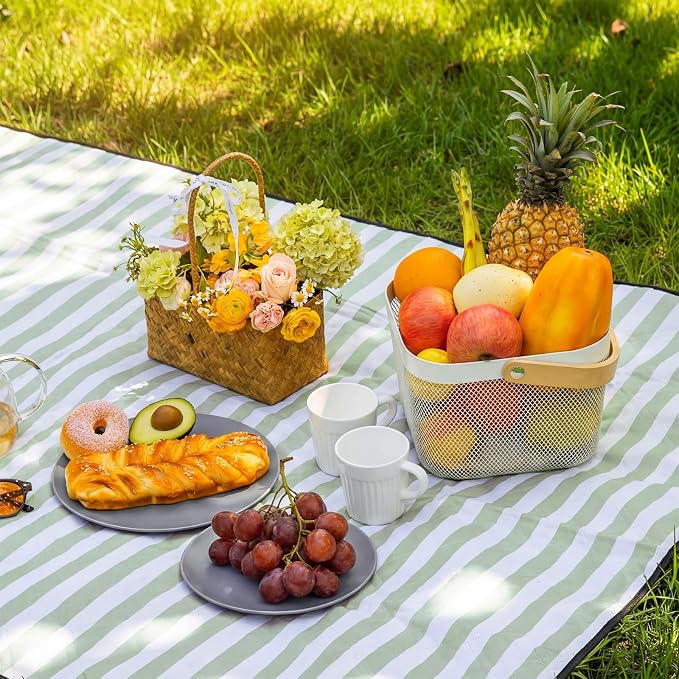 80" x 100" Extra Large Picnic Blankets Beach Mat Sandproof Waterproof Foldable Oxford Blanket Beach Mat Picnic Stuff for Family Camping Hiking Party Park Grass(Green and White,Stripe)
