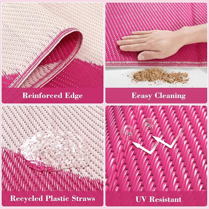 Lahome Plastic Coastal Coral Rv Outdoor Rug, Waterproof 6x9 Outdoor Camping Rug, Lightweight Hot Pink Camper Mats for Outside Beach Pool Patio Deck, Pink 6'x9'