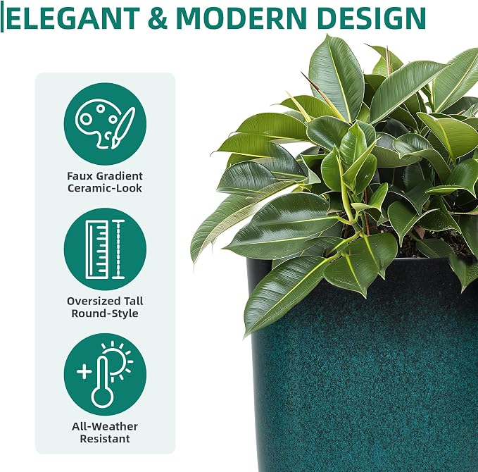 Autodaya 23.8" Tall Outdoor Planters Set of 2, Ceramic-Look Large Plastic Flower Pots with Drainage Holes, Gradient Turquoise Indoor Outdoor Plant Pots for Porch Patio Balcony Garden Home Decor