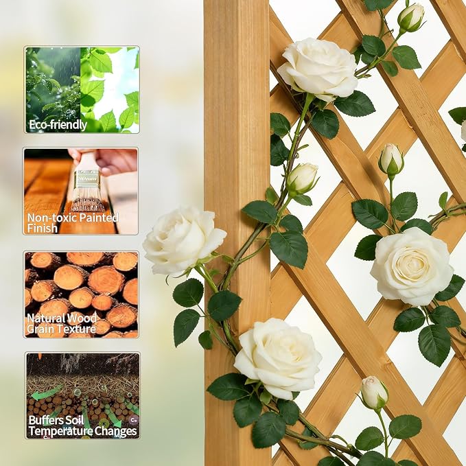VINGLI Raised Garden Bed with Trellis & Hanging Roof, Wooden Planter Box with Drainage Holes for Outdoor Climbing Plants Vegetables Flowers, Patio Yard Balcony (Teak, Taller)
