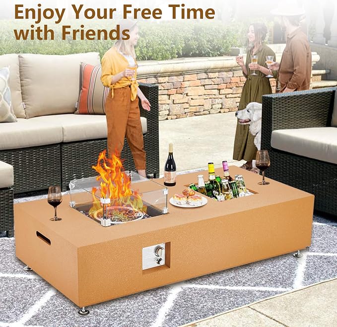 GarveeLife 56" Propane Fire Pit Table with Ice Bucket，50000BTU Fire Table with 13" Square Drink Ice Bucket Wind Guard, Fire Glass Beads & CSA Safety Certified Outdoor Firepit for Patio Garden(Orange)