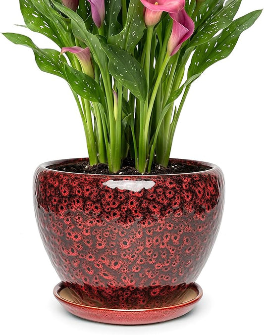 9.5 Inch Ceramic Plant Pot with Drainage Hole Mesh Net,Modern Gardening Pots for Indoor Plants with Saucer, Speckle Red