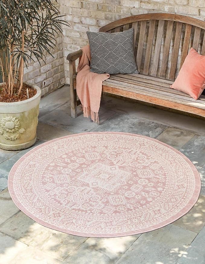 Unique Loom Outdoor Aztec Collection Area Rug - Chalca (7' 10" Round, Pink/ Ivory)