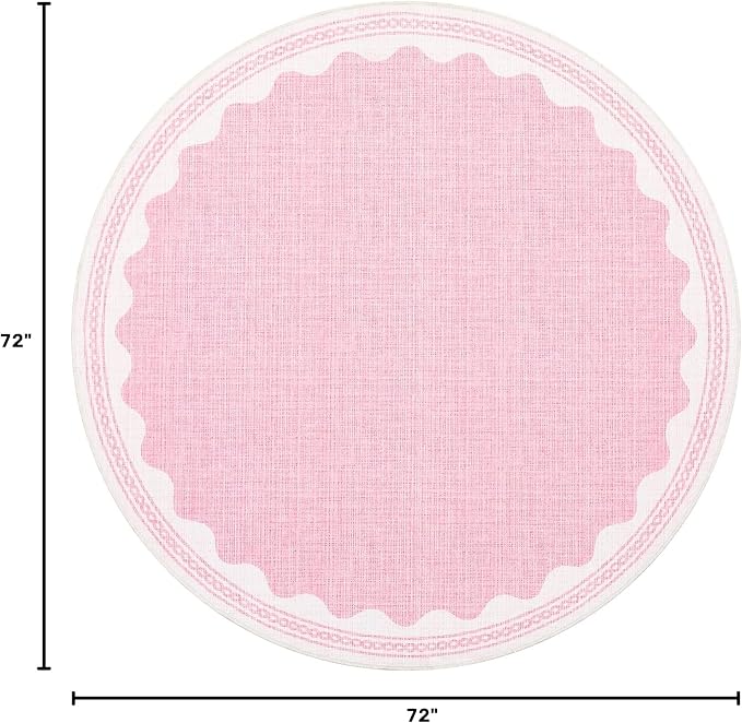 6ft Scalloped Round Rug Pink Washable Living Room Bedroom Area Rugs | Small Solid Rug for Bedroom Girls, Non Slip Scalloped Round Bath Mat, Soft Dorm Nursery Carpet for Bedside