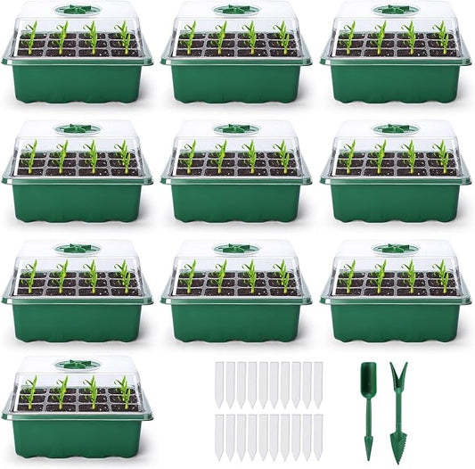 Delxo 10-Pack Seed Starter Kit Seedling Starter Tray (12 Cells) Humidity Adjustable Plant Germination Kit Garden Seed Starting Tray with Dome and Green Base Plus Plant Tags Hand Tool Kit