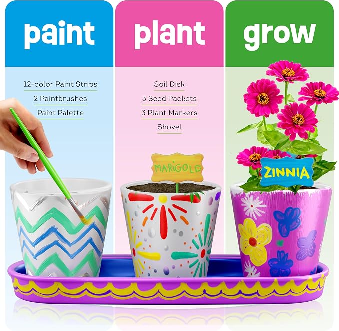 Dan&Darci Paint & Plant Flower Garden Kit for Kids — Stoneware Pots, Seeds & Paint Set — STEM Arts & Crafts Gift for Boys and Girls Ages 6–12